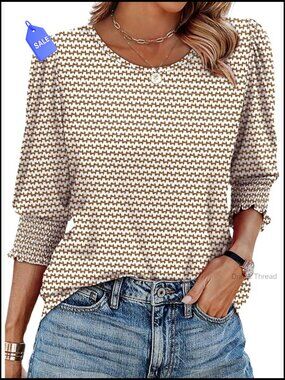 3/4 Sleeve Blouse with Smocked Cuffs, Polyester Spandex, Dressy Casual Top